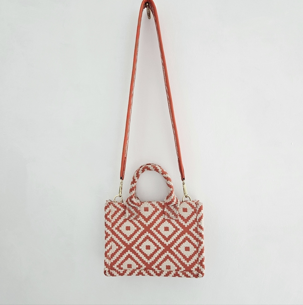 Do Everything In Love Coral Ivory Geo Aztec Print Square Canvas Handbag